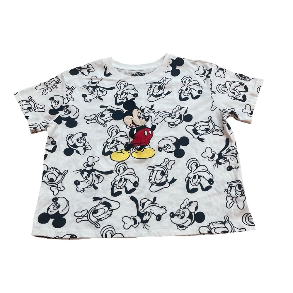 Disney Mickey Mouse Cropped T-Shirt Allover Print Red White Black Size Medium